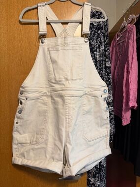 Lane Bryant Cream Short Denim Overalls with Branded Metal Buttons